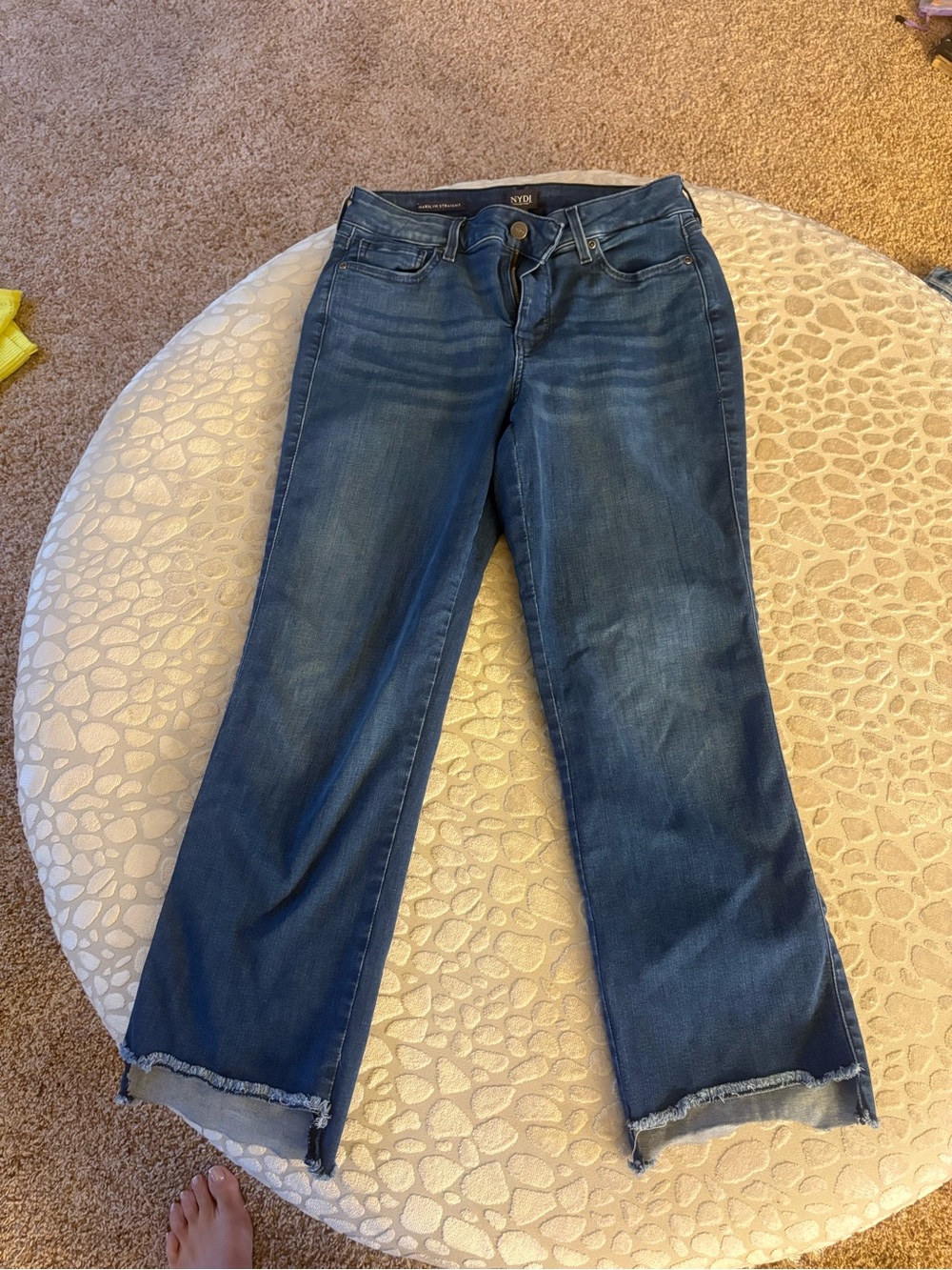 NYDJ Blue Wide-Leg Cropped Jeans with Raw Hem